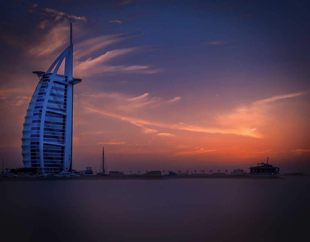 dubai, hotel, sea, sunset, sky, burj-al-arab, modern hotel, dubai hotel, holiday, nature, architecture
